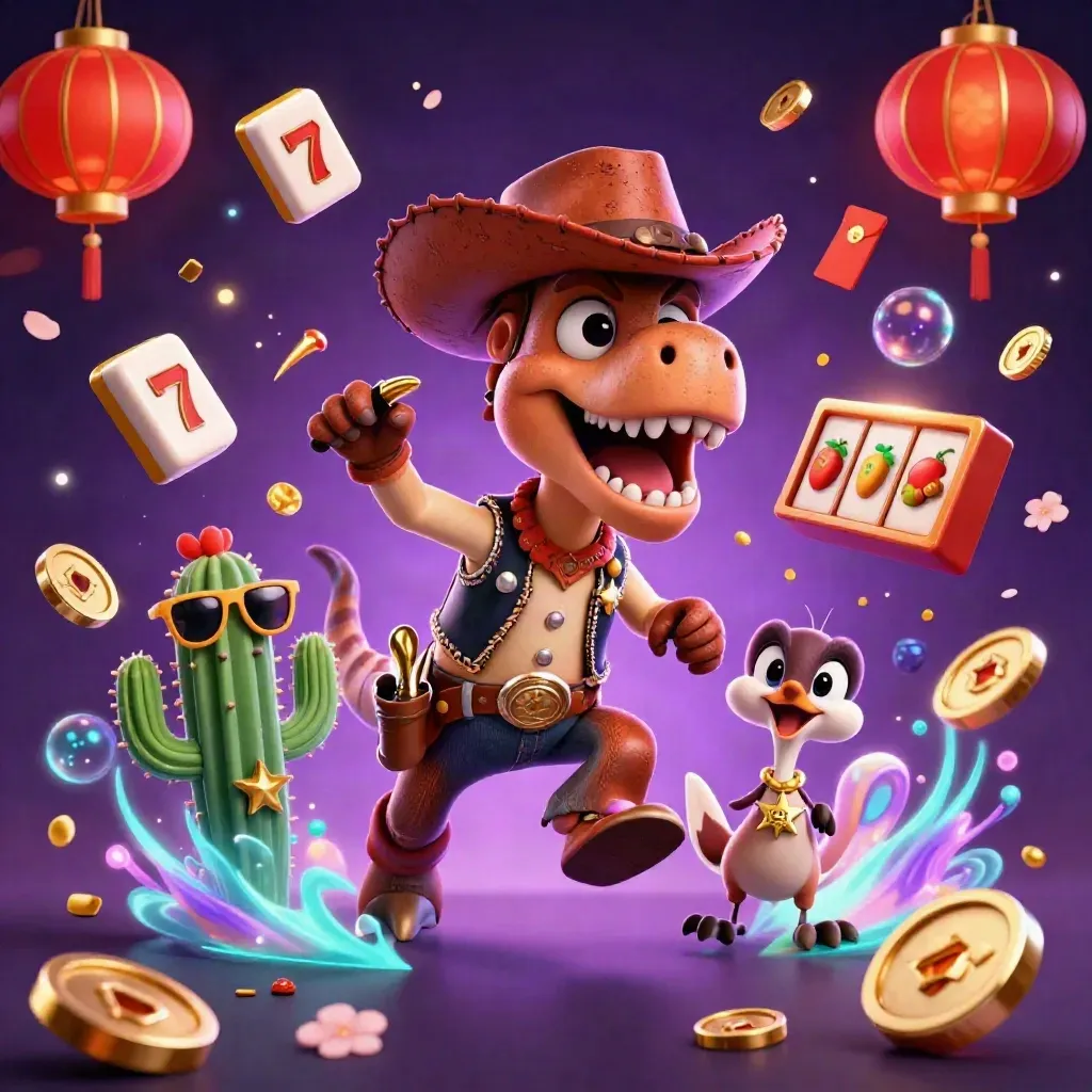 Cowboy T-Rex, cactus sidekick, and sheriff roadrunner burst through gems, lanterns, and casino glow.