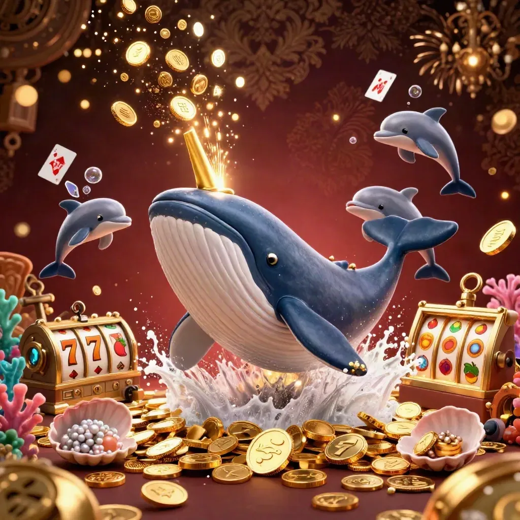 Whale, narwhal, and dolphins burst through coins in a luxe casino treasure cove.