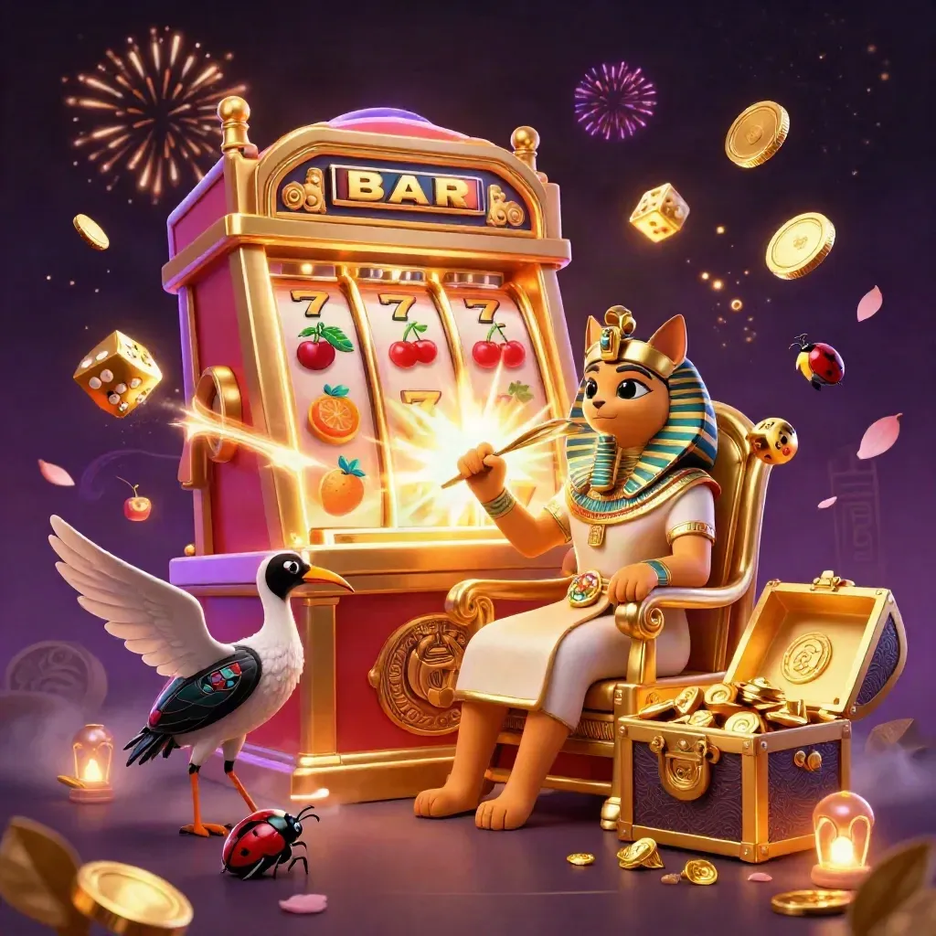 Pharaoh cat, ibis scribe, and gem-wing scarabs amid coins, jackpots, and neon casino effects