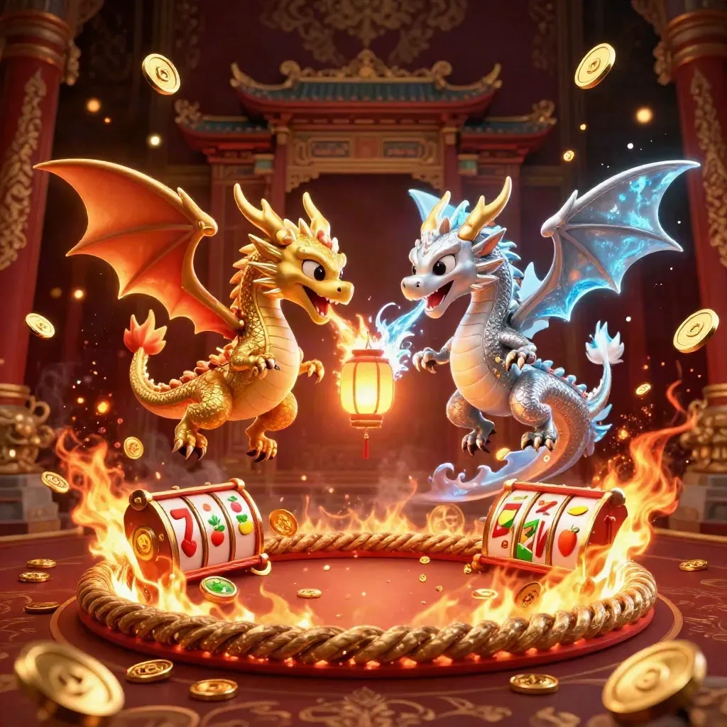Twin gold and silver dragons spiral with fire and ice around coins, reels, and a lantern spirit.
