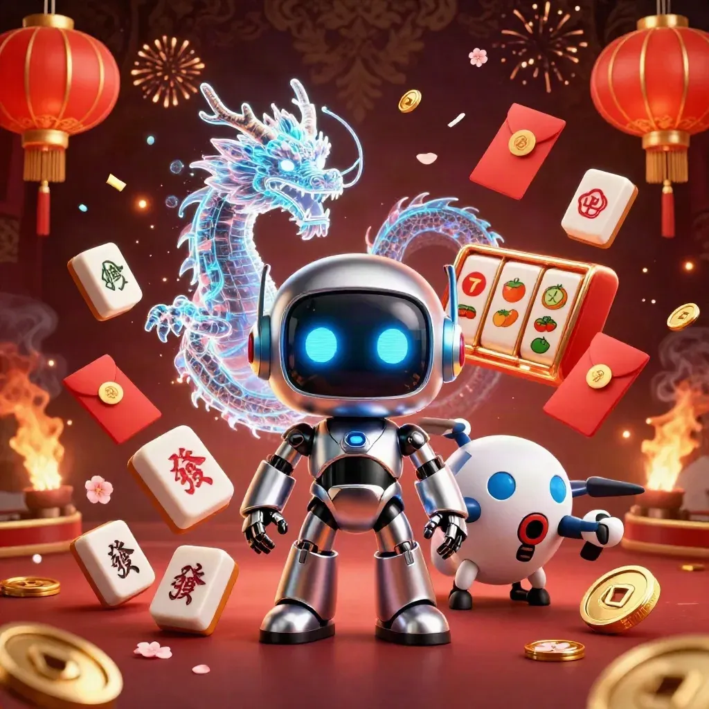 Cyberpunk robot, holographic dragon, and coin drone amid casino symbols on a dark luxe background.