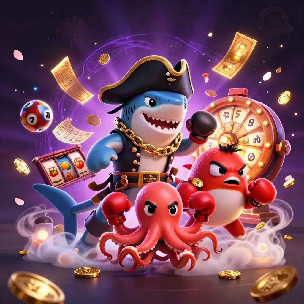 Shark pirate, boxing pufferfish, and coin-juggling octopus amid glowing slots and jackpots.