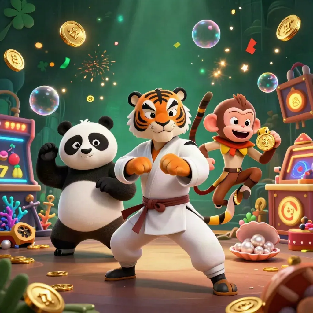 Tiger, panda, and monkey in a glowing treasure cove with coins, cards, reels, and fireworks.