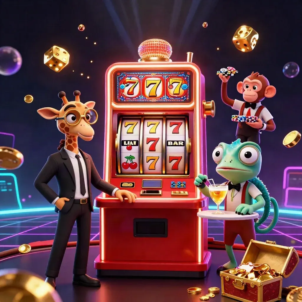 Giraffe, monkey, and chameleon around a bursting jackpot slot machine in neon casino lighting.