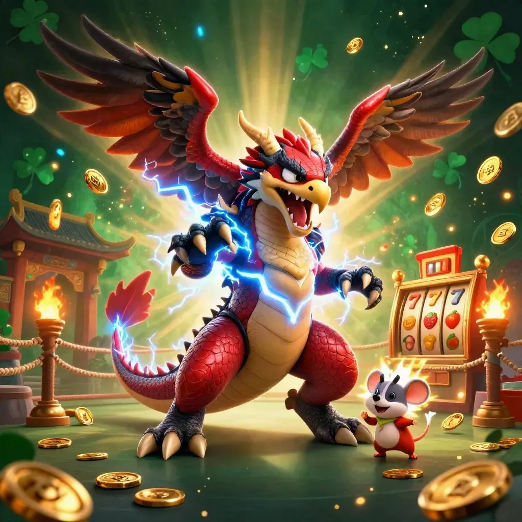 Thunder dragon, wind hawk, and crackling mouse amid casino relics and slot symbols