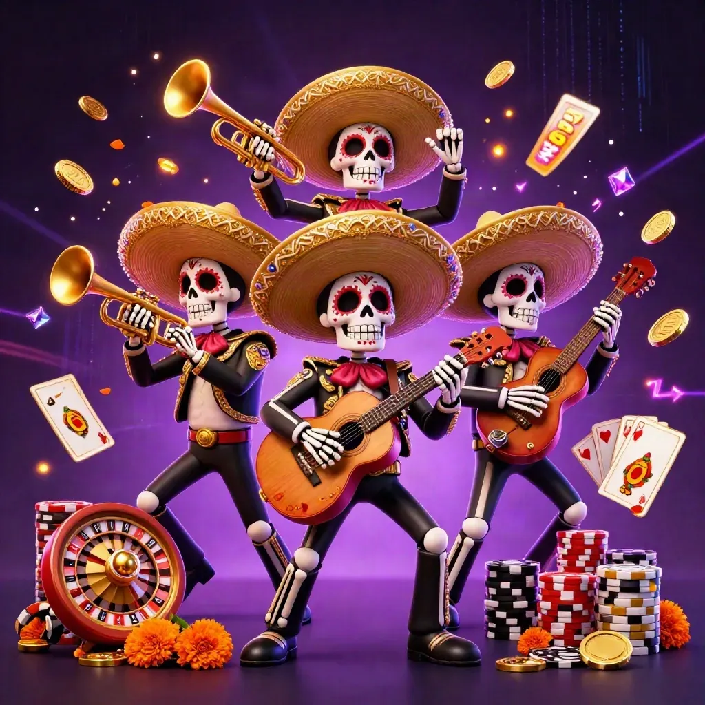 Three mariachi skeletons amid coins, chips, cards, roulette, neon sparks, and marigolds.
