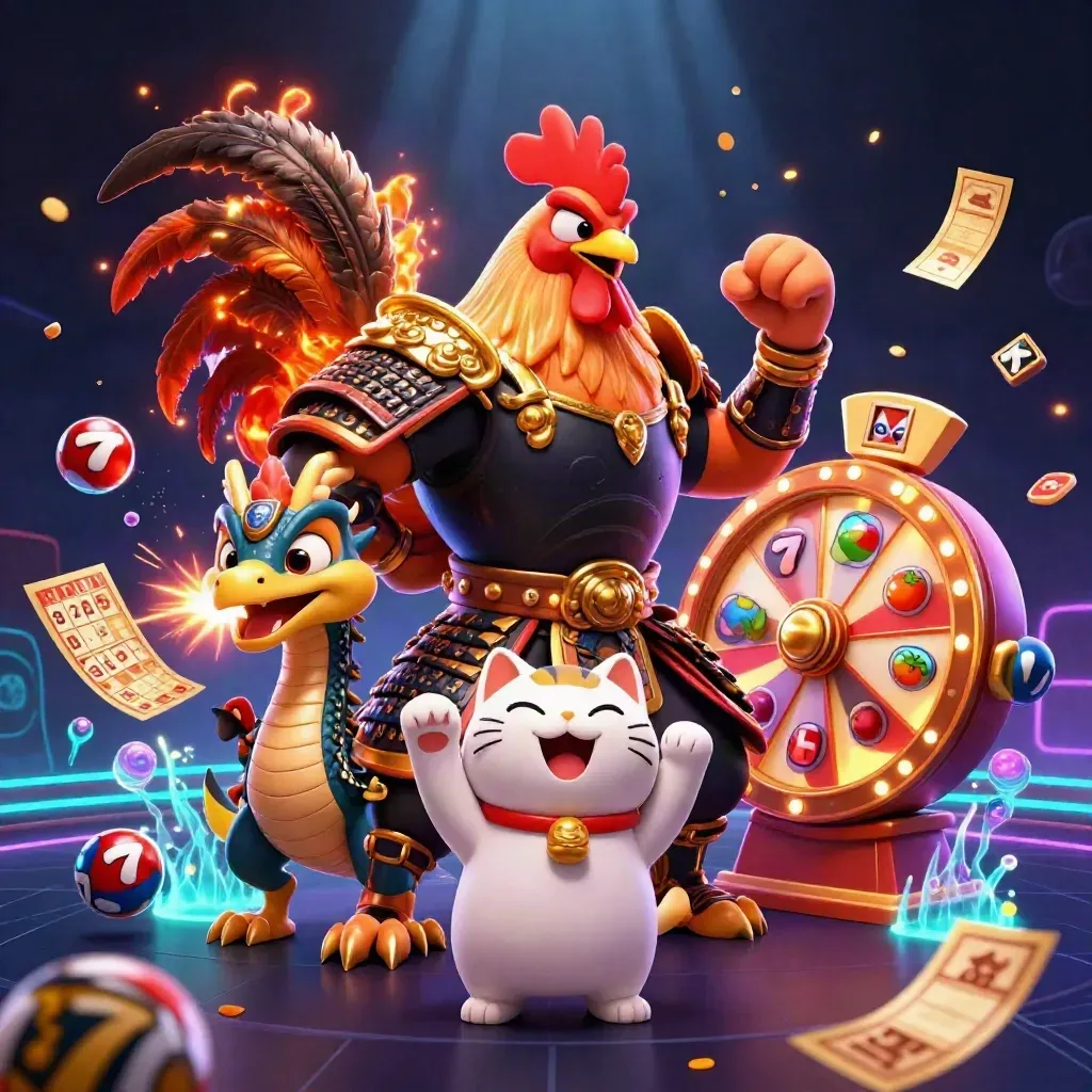 Rooster warrior, dragon hatchling, and fortune-cat amid casino rewards and neon glow.