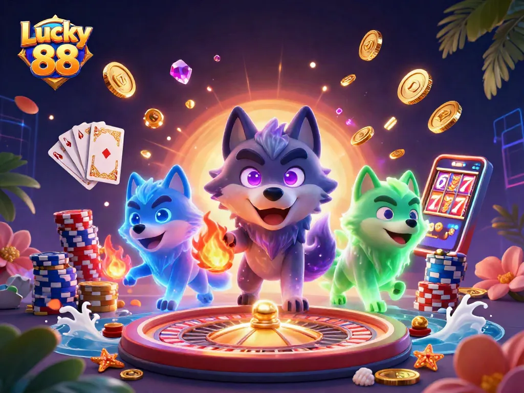 Experience thrilling wins with Lucky 88 in a vibrant 3D casino illustration.