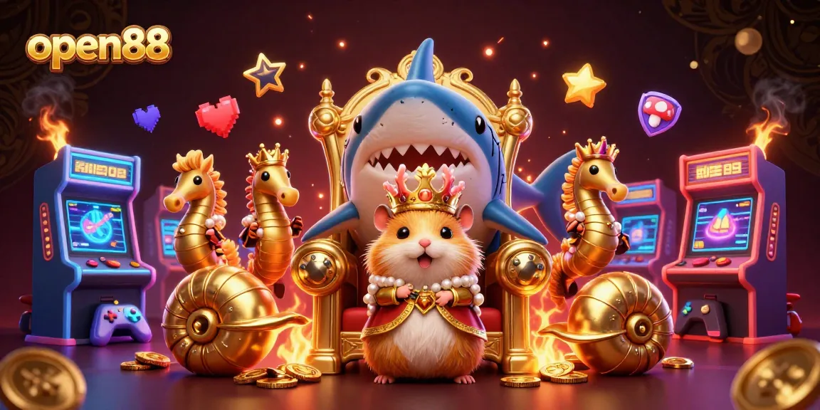 Experience the thrilling world of open88 with a fierce hamster king surrounded by gaming excitement.