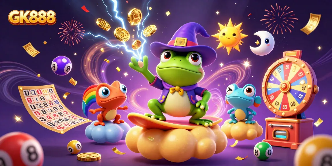 Experience thrilling wins with GK888 in a vibrant lottery scene featuring golden tickets and colorful balls.