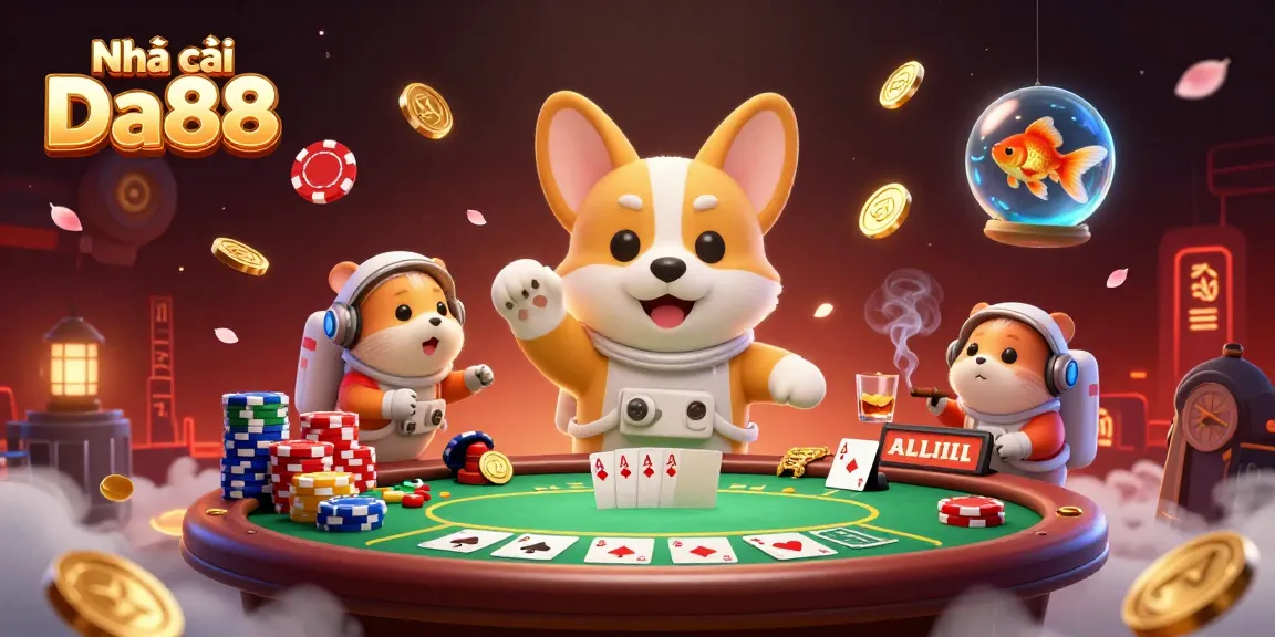 Engage with Nhà cái Da88 through a vibrant casino scene featuring a floating astronaut corgi, poker elements, and animated atmosphere.