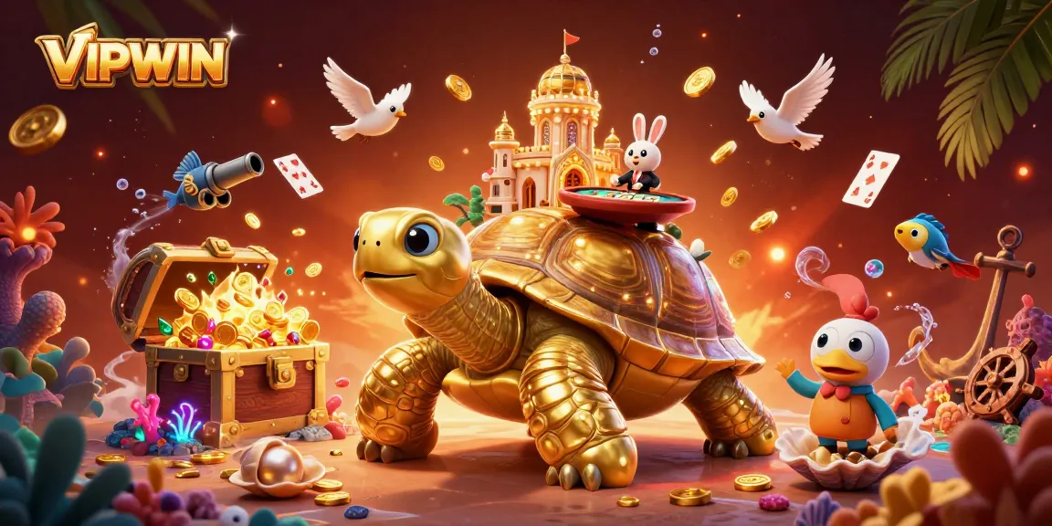 Experience the vibrant casino adventure of VIPWIN with a golden tortoise and rabbit dealer in a rich, colorful scene