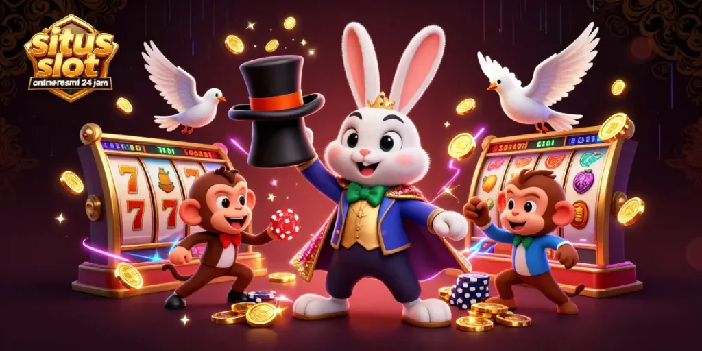 Spin and win with the magic of situs slot online resmi 24 jam, featuring vibrant characters and slot elements.
