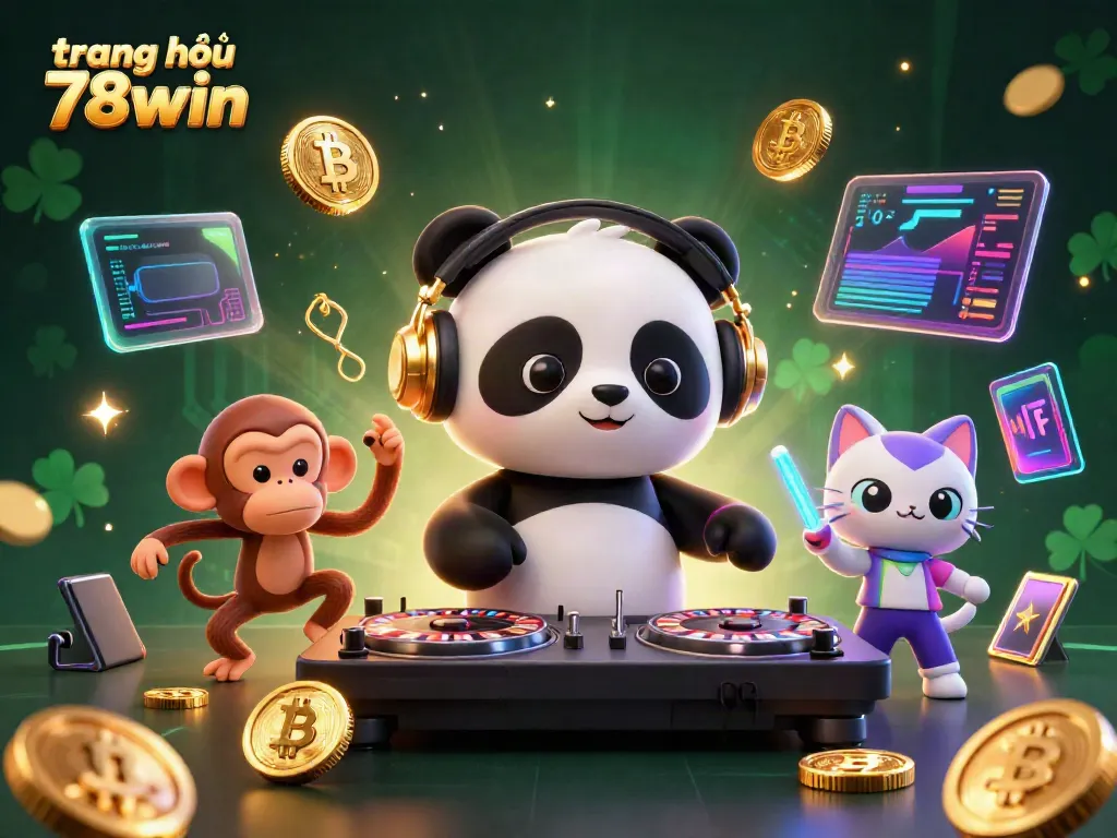 Engage in fun with trang chủ 78win: dynamic DJ panda, dancing monkey, and party kitten in a vibrant casino scene.