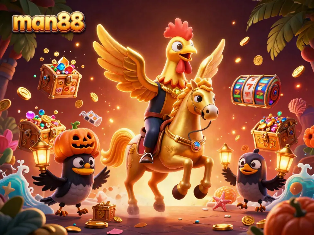 Engage with man88's captivating golden rooster illustration in a vibrant casino setting.