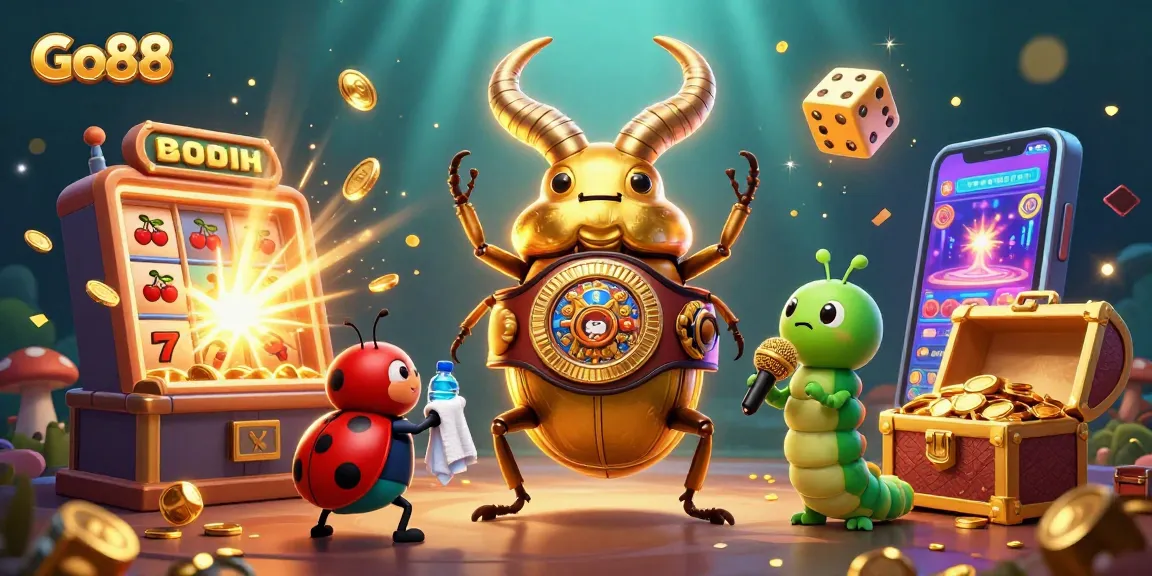 Join the excitement of Go88 with a 3D animated scene of a giant golden stag beetle in a boxing ring amidst vibrant casino elements.
