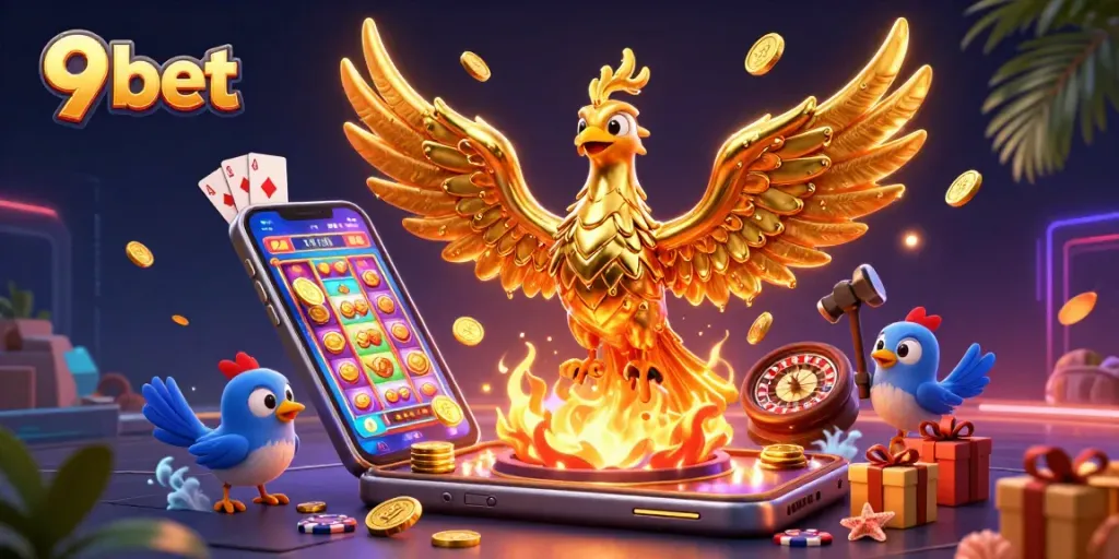 Experience 9 bet's thrilling gaming action with a golden phoenix and dynamic casino elements.