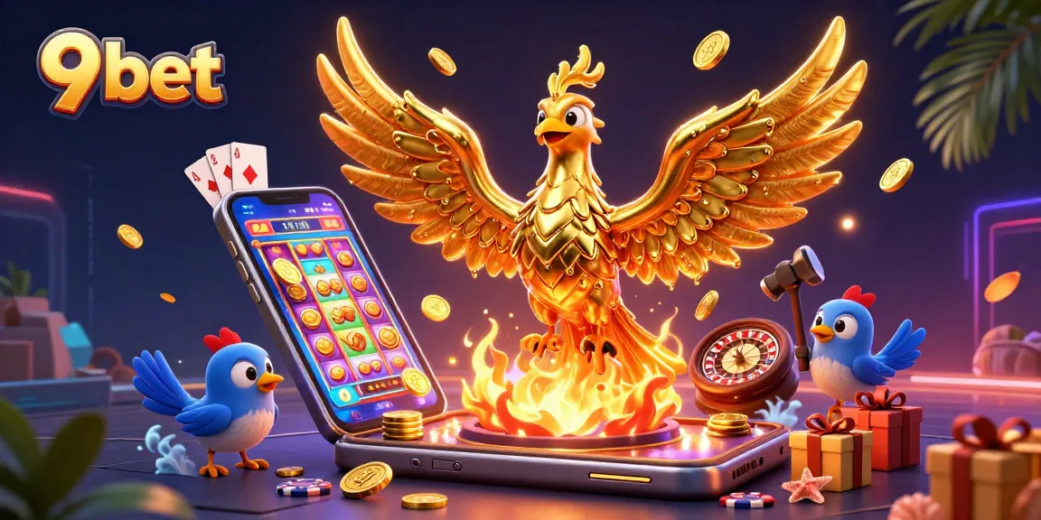 Experience 9 bet's thrilling gaming action with a golden phoenix and dynamic casino elements.