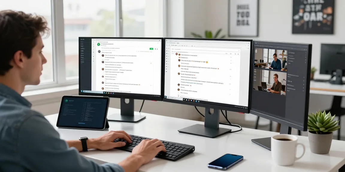 Using WhatsApp電腦版 on a desktop in a modern workspace with tech gadgets.