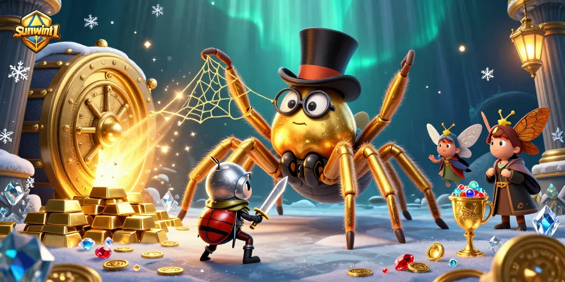 Engage in thrilling gameplay at sunwint1's casino universe with a golden tarantula and adventurous beetle knight.