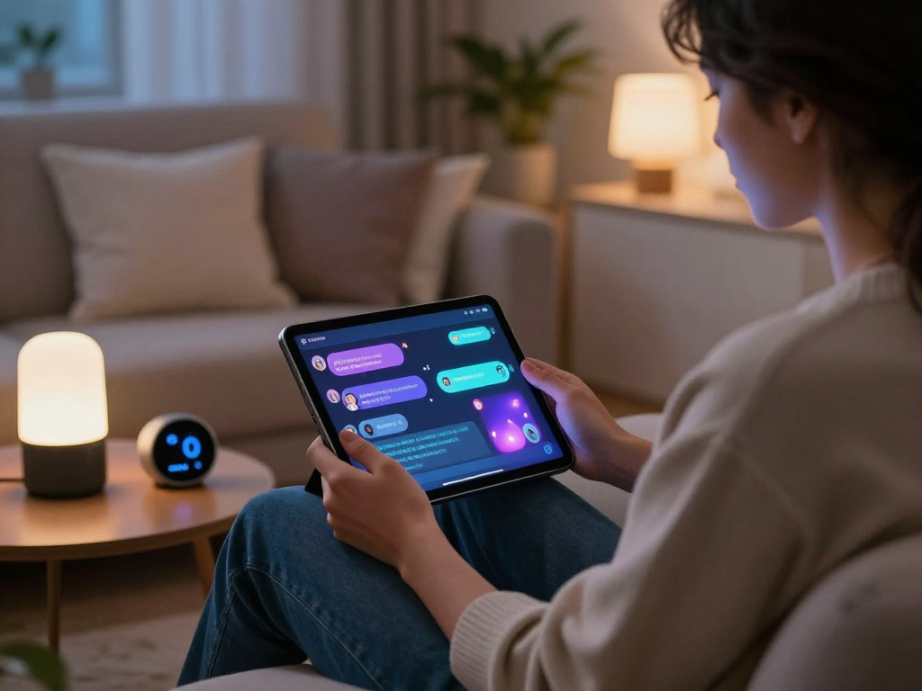Engaging scene of a person using sex AI on a tablet in a cozy, modern setting with ambient lighting.