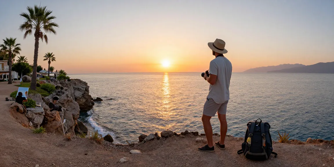 Explore Antalya weather in May with a traveler enjoying a sunset view over the Mediterranean Sea.
