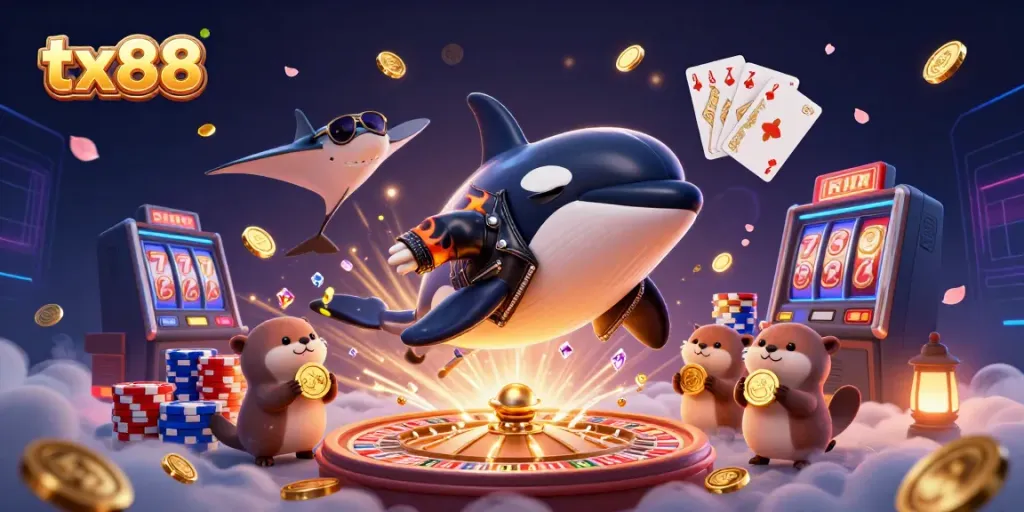 Experience the excitement of tx88 with a vibrant 3D casino scene featuring an orca, stingray, and sea otters.