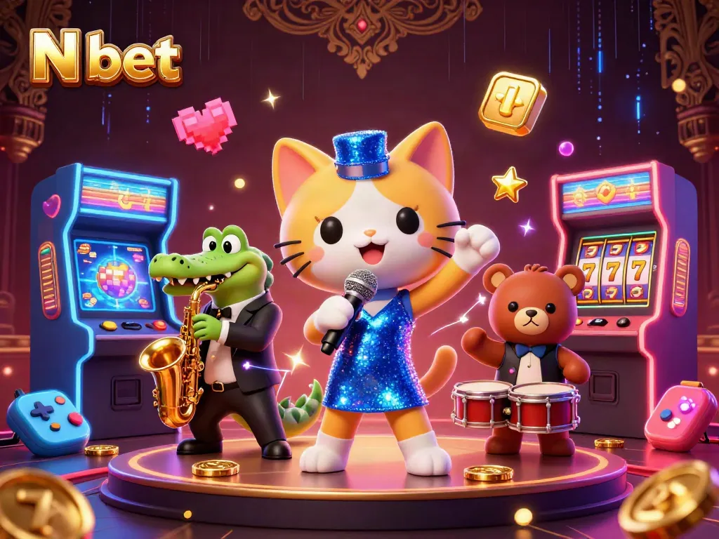 N bet showcases a vibrant casino scene with a jazz-singer cat, crocodile, and bear in a lively atmosphere, engaging in interactive gaming.