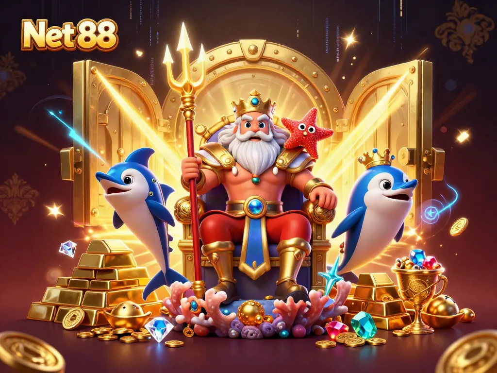 Experience thrilling games and strategic bets at Net 88, vibrant casino scene with sparkling treasures.