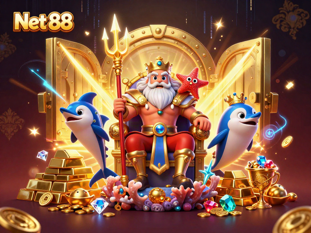 Experience thrilling games and strategic bets at Net 88, vibrant casino scene with sparkling treasures.