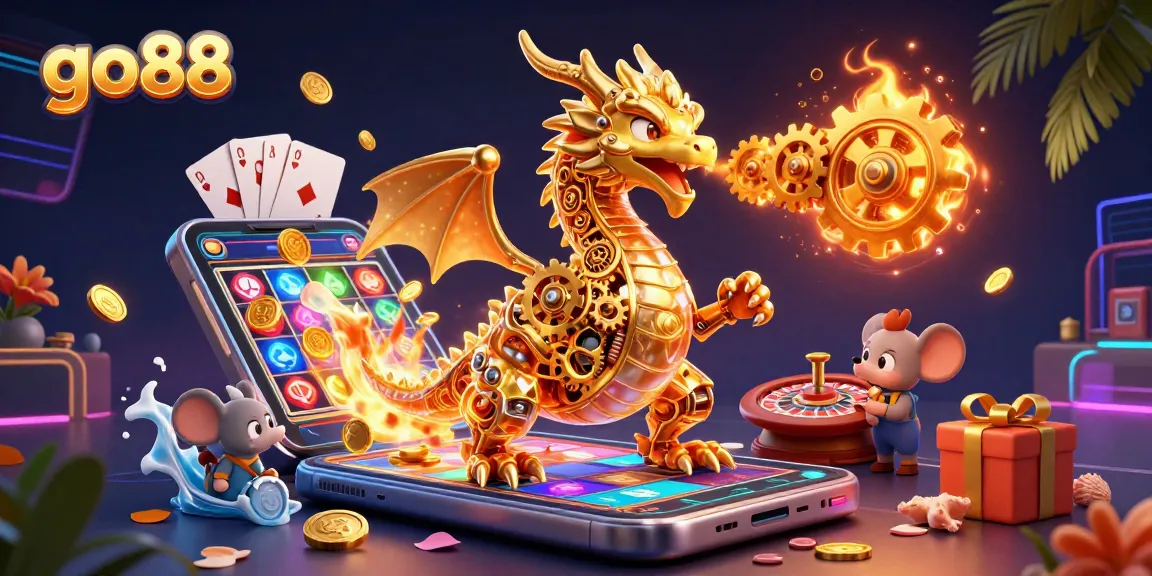 Engage with go88's thrilling slots, featuring the golden dragon unleashing golden gears amidst vibrant game elements.