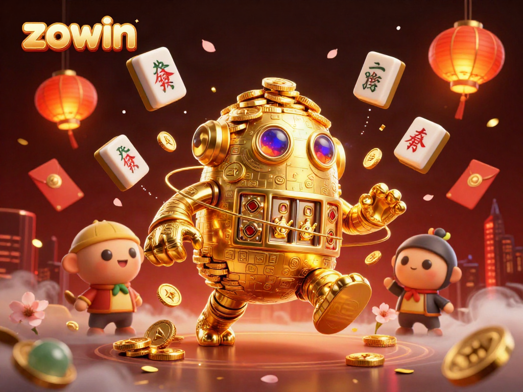Engage with the vibrant entertainment world of zowin featuring a golden golem, slot symbols, and festive elements.