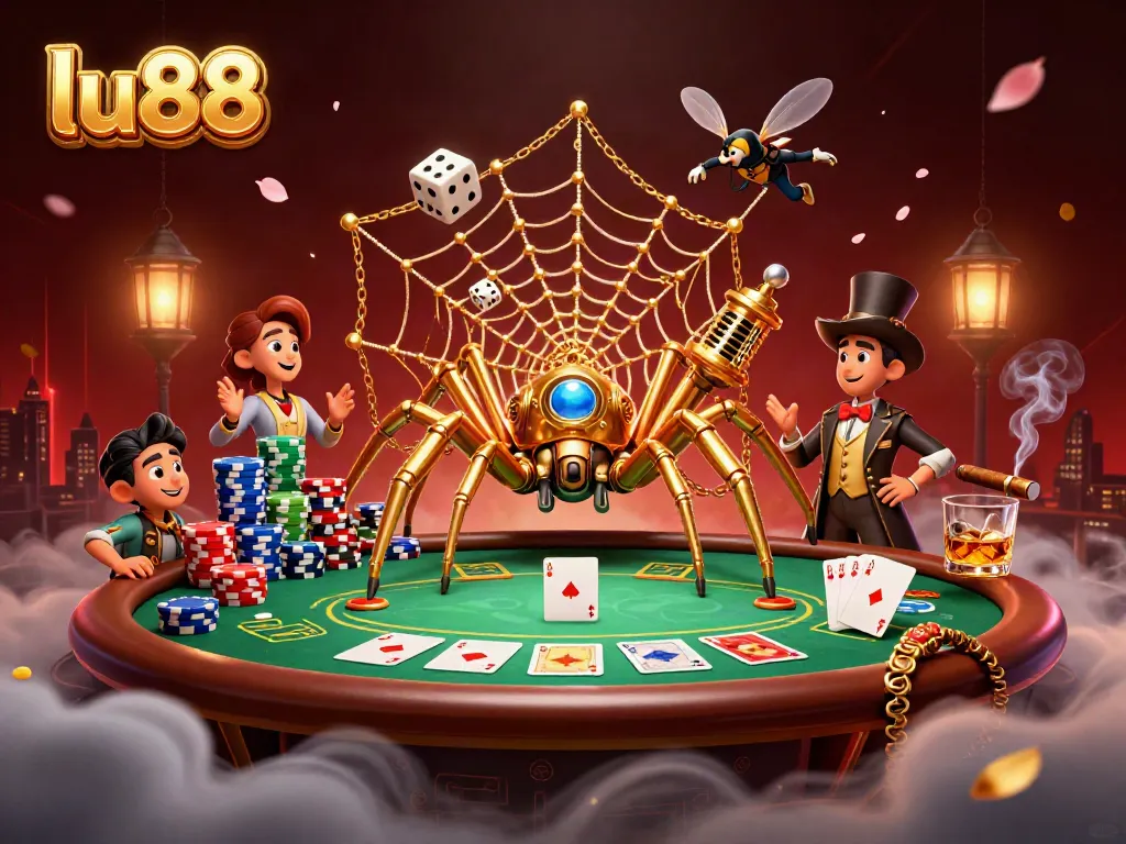 Engage with lu88's dynamic gaming scene featuring a steampunk spider and poker elements.
