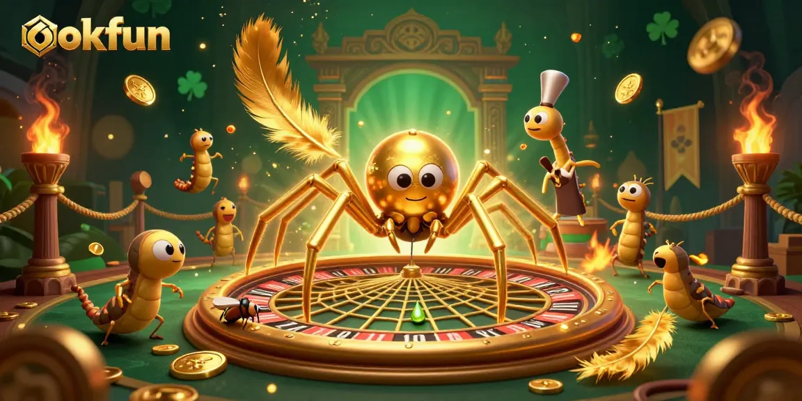 Engage in thrilling betting at okfun with a golden spider roulette wheel in a vibrant casino scene.