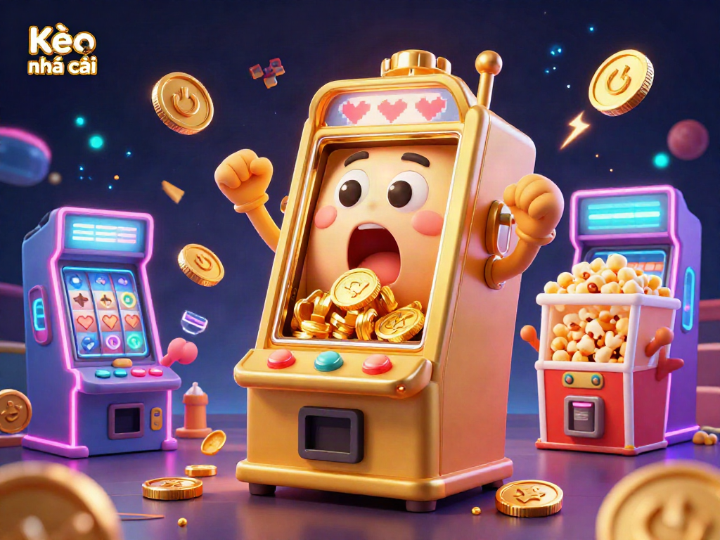 Engaging scene featuring Kèo nhà cái with a golden slot machine celebrating a jackpot amidst cheering mini slot machines and popcorn, offering a vibrant casino vibe.