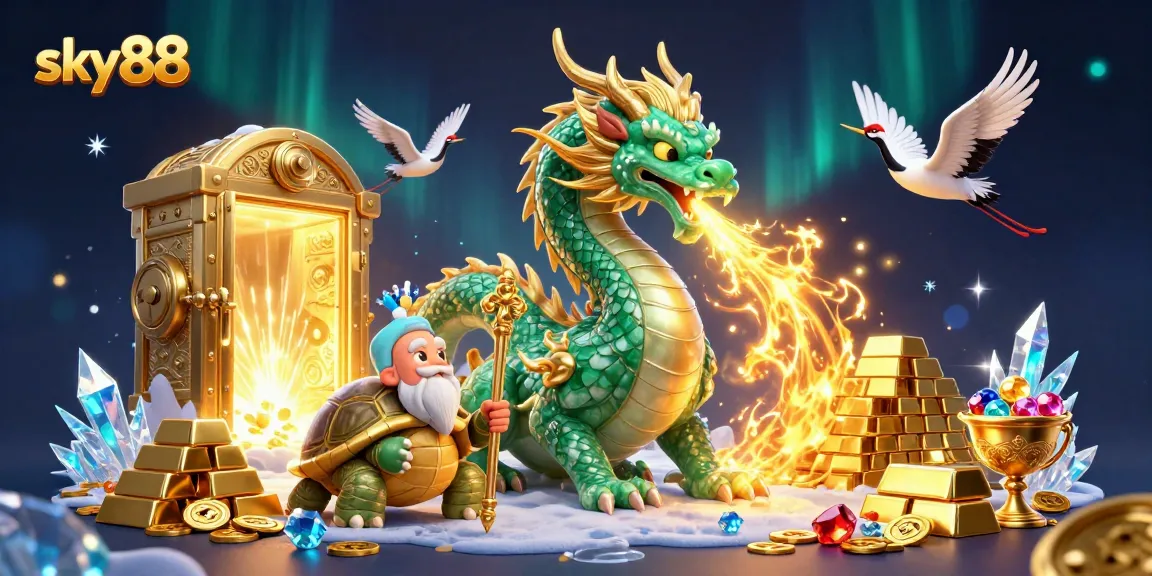Experience thrilling adventures at sky88 with a dynamic dragon, sage, and lucky cranes illustration.