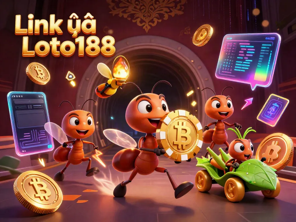 Exciting scene showcasing Link vào Loto188 with ants heisting a giant poker chip among glowing crypto elements.