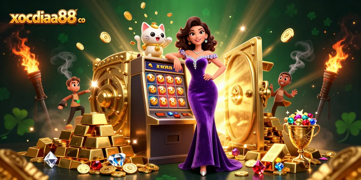 Experience exciting jackpots at xocdiaa88 co with a glamorous woman celebrating her slot win amidst a treasure-filled scene.