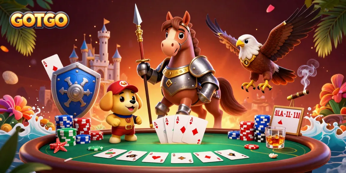 Rasakan sensasi GOTOTO dengan pemandangan kasino medieval yang hidup menampilkan elemen poker dan karakter dinamis.