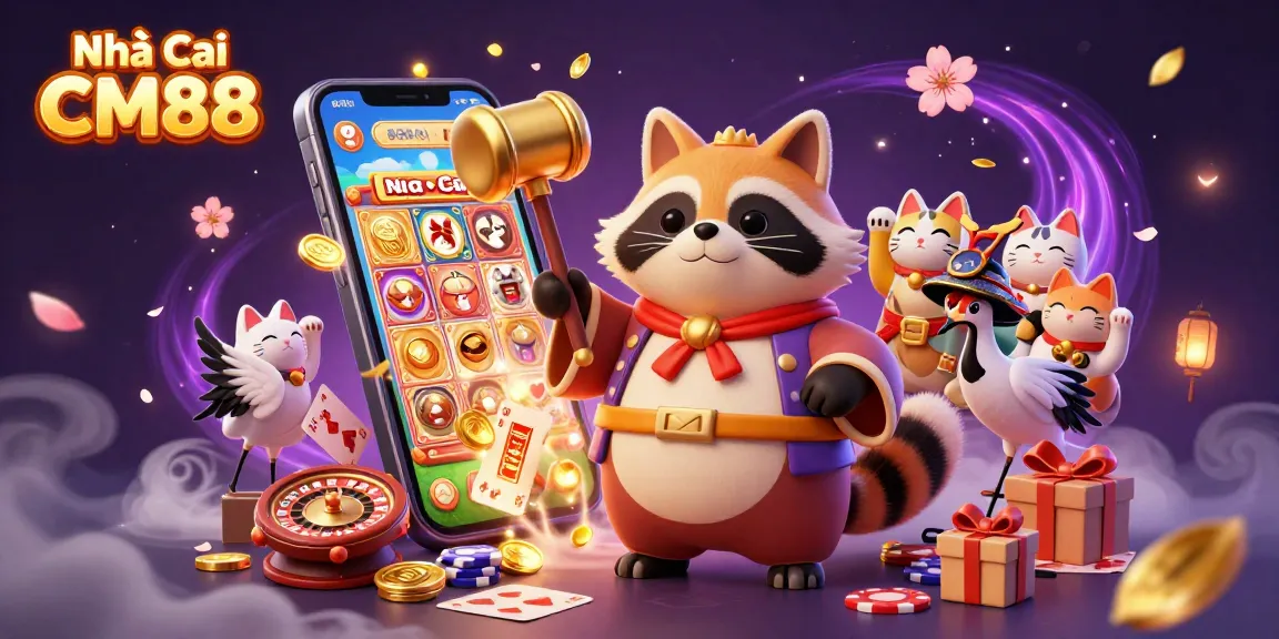 Experience the vibrant casino atmosphere at Nhà Cái CM88 with a joyful tanuki and lucky symbols.