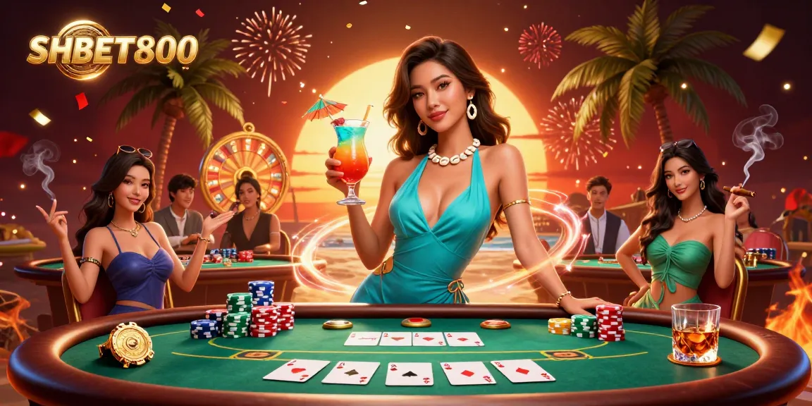 Experience SHBET800's vibrant casino scene with an engaging Asian woman and dynamic poker elements.