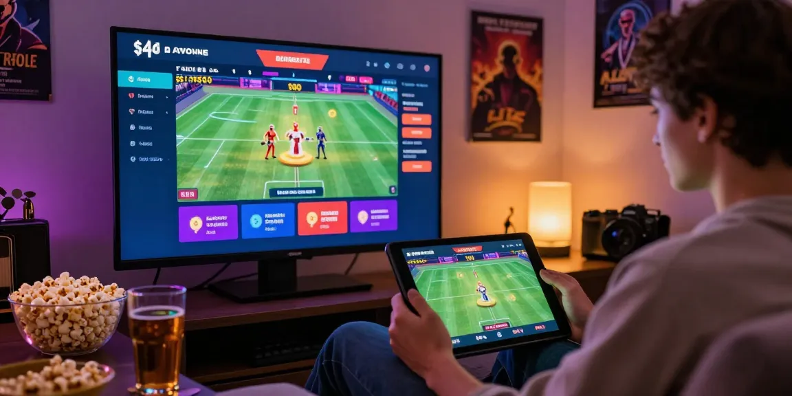 Engaging scene of a user experiencing ok8386.guide on a tablet in a vibrant gambling environment with live sports betting.