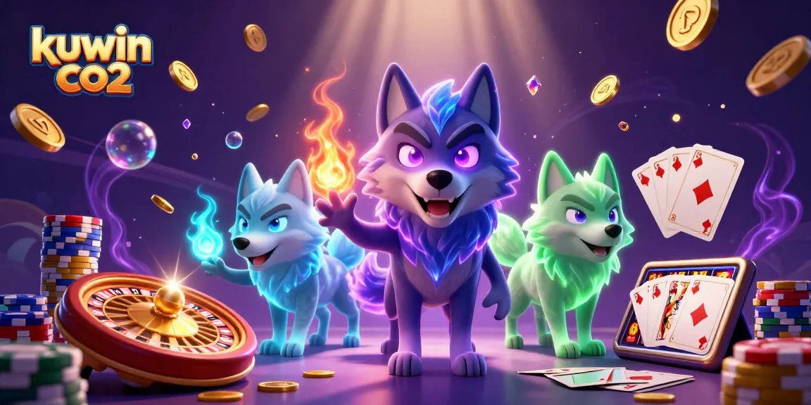 Engage with kuwin co2 in this vibrant illustration showcasing ghostly wolves amid cascading coins and a spinning roulette wheel.
