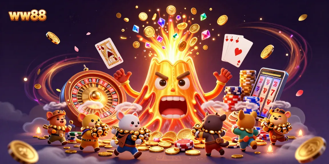 Experience thrills at ww88 with a vibrant 3D illustration showcasing gaming excitement featuring coins, roulette, and treasure!