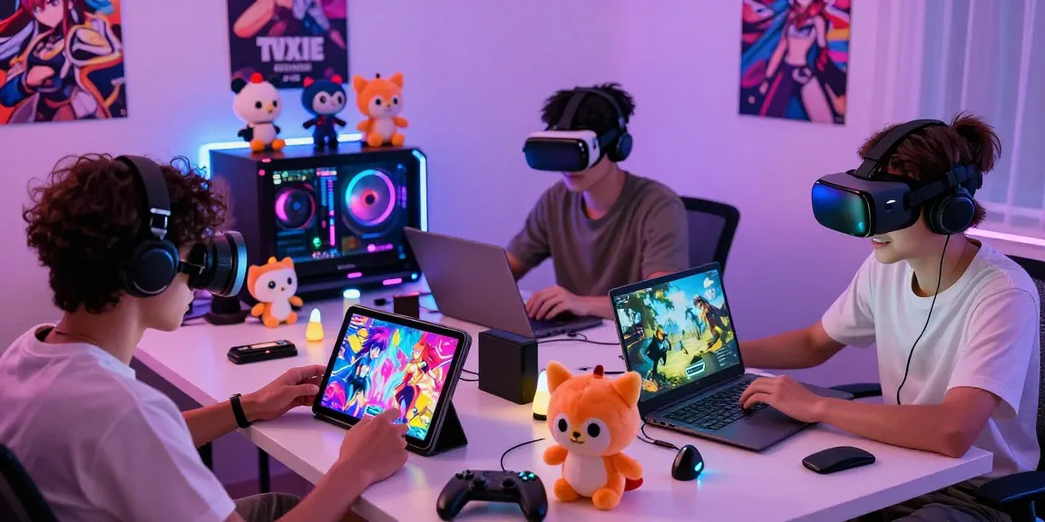 Engaged players enjoying a vibrant hentai game experience with colorful devices and anime decor.