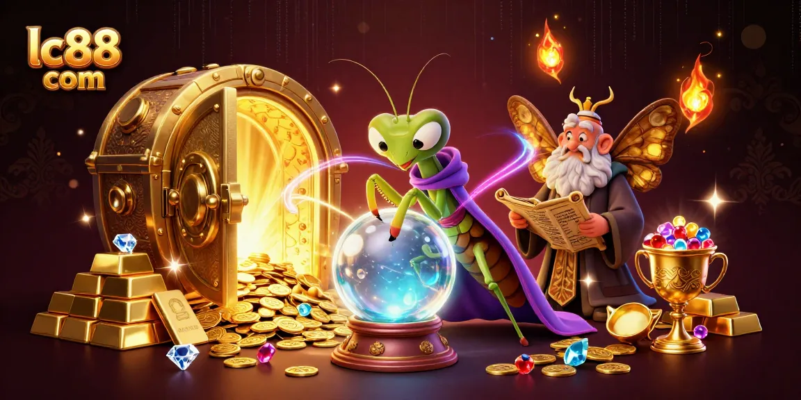 Experience gaming excitement at lc88 com with this vibrant casino-themed illustration featuring treasure and fortune tellers.