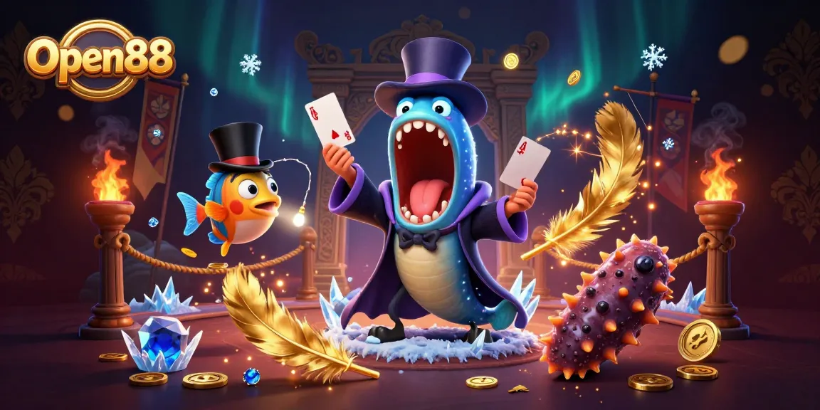 Experience Open88's vibrant casino atmosphere with lively characters engaged in a magical card game.