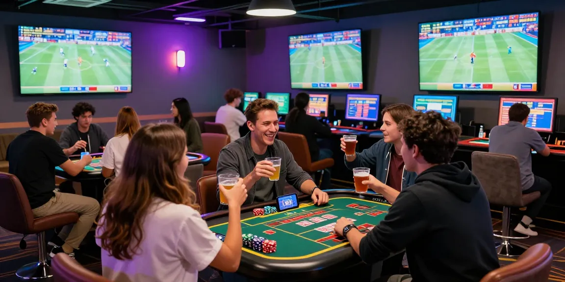 LUCK8 players enjoying a lively casino atmosphere with real-time betting on sports events and vibrant celebrations.