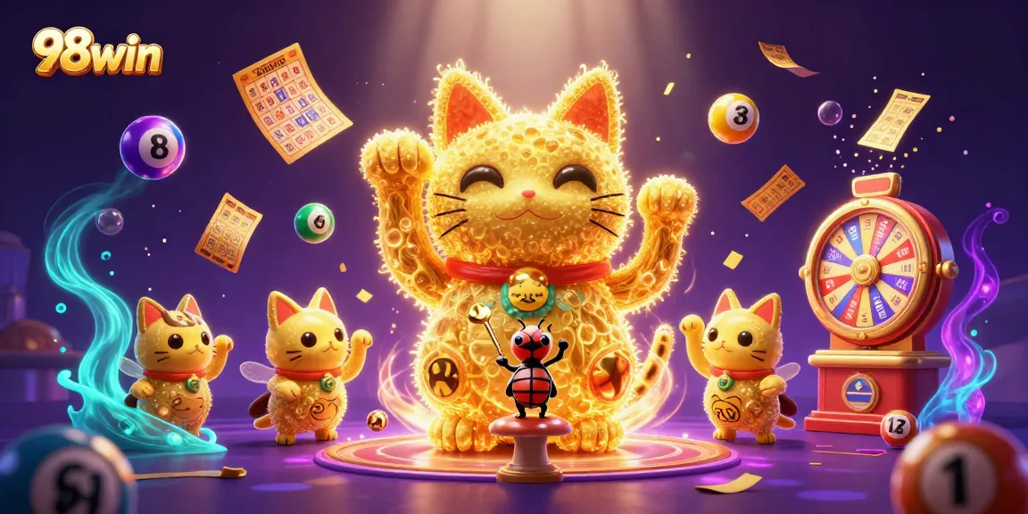 Experience the thrill of winning with 98win as colorful lottery balls and a lucky cat inspire excitement.