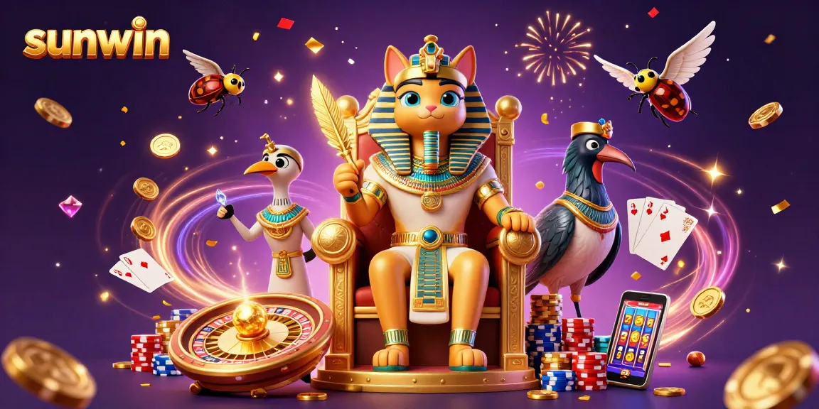Experience sunwin's vibrant casino atmosphere with Egyptian-themed characters and dazzling gaming elements.